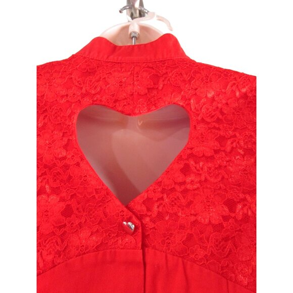 Vintage Banjo Red Heart Cut Out Buttons Crop Top Lace Accent USA Made Ladies M - Picture 14 of 16